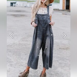 Three Bird Nest High Hopes Slouchy Cropped Denim Overall Gray Black XL NWT!